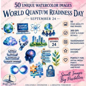 Peut inclure: Une collection de 50 images à l'aquarelle pour la Journée mondiale de la préparation quantique du 24 septembre. Les graphiques incluent un ordinateur portable, un atome, un globe, une main robotique, une ville, un calendrier, un cerveau et un cadenas.