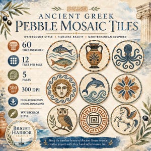 Puede incluir: Una colección digital de 60 azulejos de mosaico de guijarros de la Antigua Grecia en estilo acuarela. El conjunto incluye 5 páginas con 12 diseños circulares cada una, con peces, un ánfora, un pulpo, un rostro, un delfín, una flor, un búho, una greca y un Pegaso.