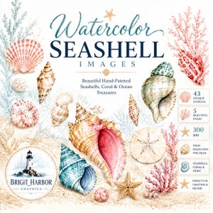 Puede incluir: Una colección digital de imágenes de conchas marinas en acuarela con varias conchas, corales y estrellas de mar. El texto dice Watercolor SEASHELL IMAGES, Beautiful Hand-Painted Seashells, Coral & Ocean Treasures, 43 UNIQUE DESIGNS, 5 BEAUTIFUL PAGES, 300 DPI, HIGH RESOLUTION PNG FILES, SEASHELLS, CORAL & MORE, y PERFECT FOR CRAFTING & DECOR.