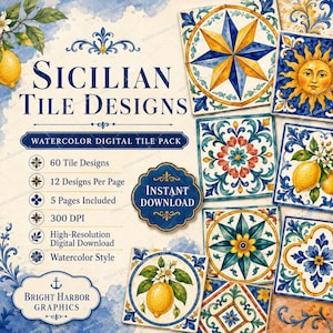 Può includere: Una collezione digitale di disegni di piastrelle siciliane con illustrazioni ad acquerello di limoni, soli e motivi floreali geometrici. Il testo recita Sicilian Tile Designs, Watercolor Digital Tile Pack, 60 Tile Designs, 12 Designs Per Page, 5 Pages Included, 300 DPI, Instant Download, High-Resolution Digital Download, Watercolor Style e Bright Harbor Graphics.