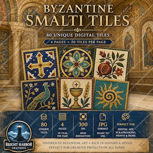 Może przedstawiać: Cyfrowa kolekcja zatytułowana BYZANTINE SMALTI TILES zawierająca 80 unikalnych kafelków na 4 stronach. Obraz przedstawia sześć kwadratowych wzorów mozaikowych, w tym krzyż, motyw kwiatowy, granat, pawia, kielich oraz słońce.