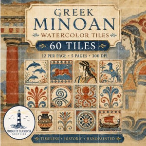 May include: A digital collection of 60 Greek Minoan watercolor tiles featuring historical motifs like dolphins, bulls, octopuses, ships, and floral patterns. The image displays 12 tiles per page across 5 pages with 300 DPI resolution and text labels.