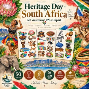 Puede incluir: Una colección digital de 50 imágenes prediseñadas en acuarela para el Día del Patrimonio de Sudáfrica, con ilustraciones de personas con vestimenta tradicional, fauna como elefantes y leones, flores de protea y símbolos culturales.