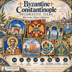 Byzantine Constantinople Watercolor Tile Clipart, Mosaic Art, Historical Motifs (Digital Download)