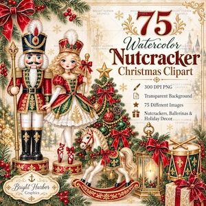 Peut inclure: Un ensemble graphique numérique comprenant 75 images clipart de casse-noisettes de Noël à l'aquarelle. L'illustration présente un soldat casse-noisette, une ballerine, un cheval à bascule, un sapin décoré, une lanterne et un tambour rouge et vert.
