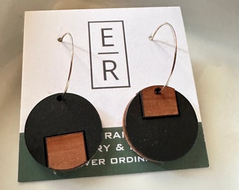 Matte black acrylic & wood dangle earrings