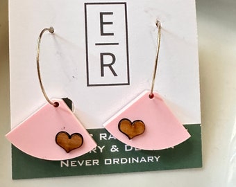 Soft pink acrylic & wood dangle earrings