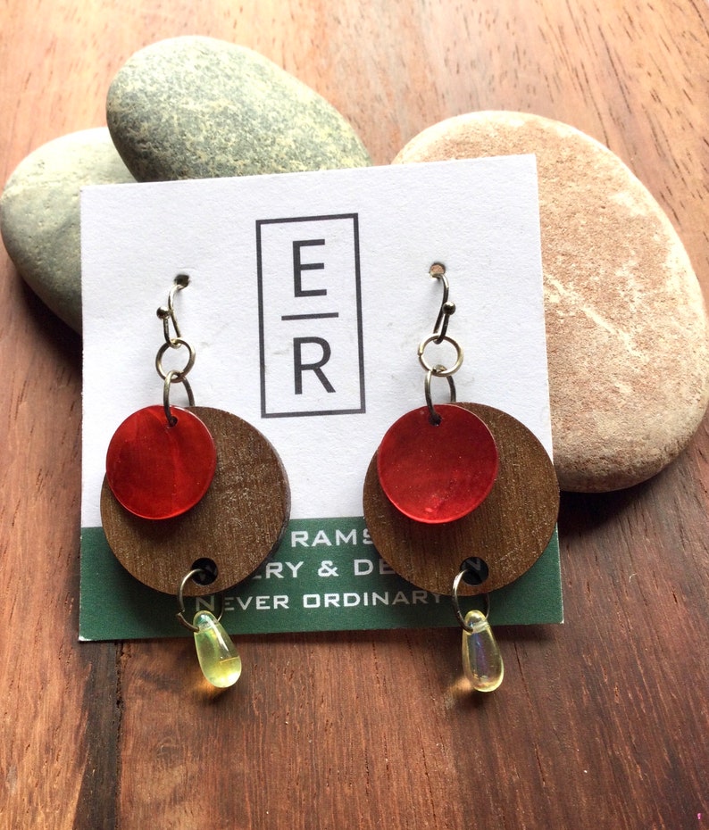 Red shell and wood dangle earrings. All items ship in cute cloth bag. image 1
