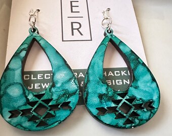 Turquoise, painted wood dangle earrings