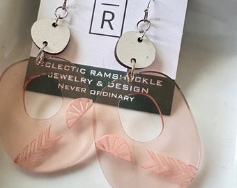 Soft peach acrylic & wood dangle earrings