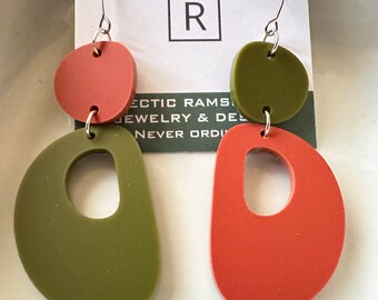 Mossy green and orange acrylic dangle earrings