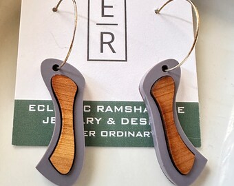 Soft purple grey acrylic & wood dangle earrings