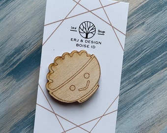 Wooden Pin / Backpack Pin / Bag Accessory / Jacket Pin / Statement Accessory / Unisex Gift / Happy Rice Bowl Pin / Kawaii Pin