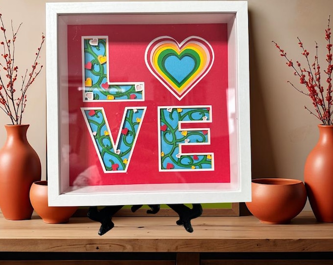 Featured listing image: Hygge LOVE Shadowbox – Handmade Holiday Decor – Colorful Layered Paper Art Gift
