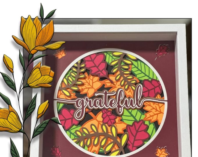 Featured listing image: Grateful Fall Shadowbox | 11 Layer Paper Art | White Frame Autumn Decor | Thanksgiving Wall Art