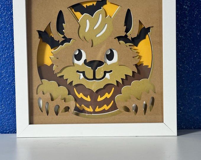 Featured listing image: Cute Warewolf Halloween Shadowbox with Photo Frame Layered Papercraft Decor