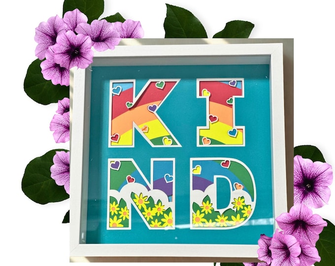 Featured listing image: Hygge Rainbow KIND Shadowbox – Handmade Layered Papercraft, Inspirational Wall Art