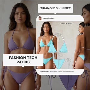 May include: A lavender triangle bikini set with tie closures, displayed on a model. The image includes a light blue bikini set and fashion tech pack graphics. Text on the image reads "Triangle Bikini Set" and "Fashion Tech Packs."