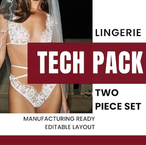 Puede incluir: Conjunto de lencería de encaje blanco de dos piezas. El sujetador y la ropa interior presentan intrincados detalles de encaje floral. La imagen incluye el texto "Lingerie Tech Pack Two Piece Set Manufacturing Ready Editable Layout."