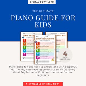 Kids Piano Mnemonics Bundle – 4 Beginner Lesson Worksheets for Learning Notes – Digital Download