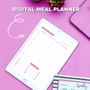 Printable Meal Planner & Grocery List Template – Digital Weekly Meal Planning Organizer – Cute Girly Kitchen Planner – Editable PDF Download