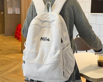 Mochila de pana de color puro, estilo coreano, amplia mochila con bordado personalizado, color caqui, verde, blanco, negro y gris.