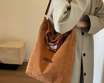 Bolso tote vintage de pana, bandolera con cremallera, bolso tote espacioso de invierno, bolso bordado personalizado, marrón, blanquecino, negro, rosa y gris.