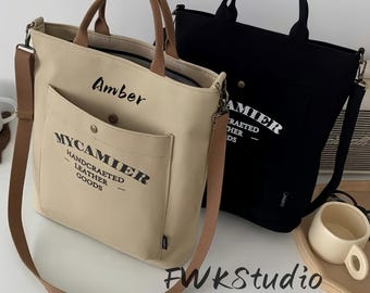 Unisex Canvas Tote with Zipper Closure, Custom Embroidered Messenger Bag, Minimalist Crossbody Shoulder Carry, Khaki Beige Black Blue