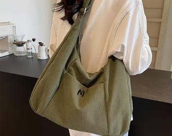 Lightweight Corduroy Crossbody, Trendy Shoulder Bag, Casual Sling Bag, Custom Embroidered Day Bag, Green Khaki White Pink Black Color