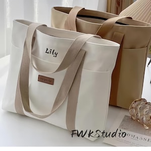 Multi-Pocket Dicke Leinwand Individuelle bestickte Tote, 16-Zoll-Laptop Reißverschluss Studenten Organizer Schultertasche, Khaki Weiß Blau Schwarz