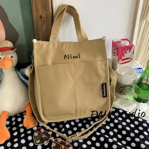 Custom Embroidered Crossbody Bag, Open Top Canvas Messenger Bag, Bohemian Shoulder Bag, Khaki Color