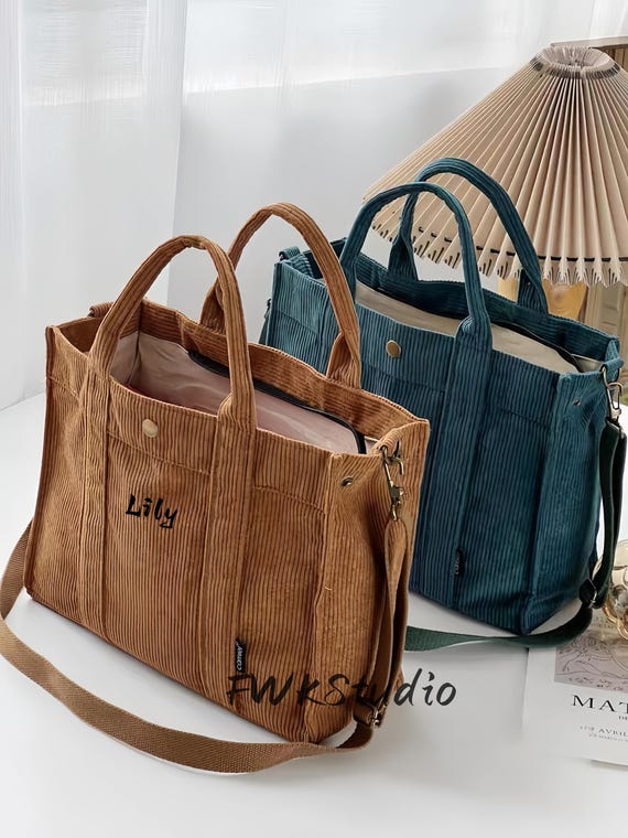 Embroidered Corduroy Laptop Tote Bag: Personalized Commuter Bag
