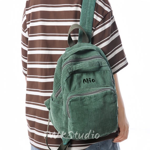 corduroy mini backpack Corduroy Mini Backpack, Harajuku Style Small Backpack, Cute Student Bag,  Custom Embroidered Daypack, Khaki Green White Black Purple Color