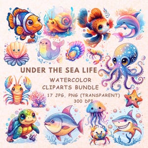 Watercolor Sea Animals Clipart, Ocean Creatures Digital Download, Under the Sea Clip Art for Scrapbooking & Crafts