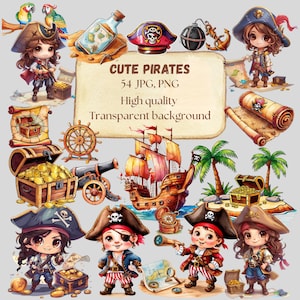 Niedliches Aquarell Piraten Clipart Bundle- Kids Nautical Illustration Pack - Pirat PNG, JPG - Digital Download