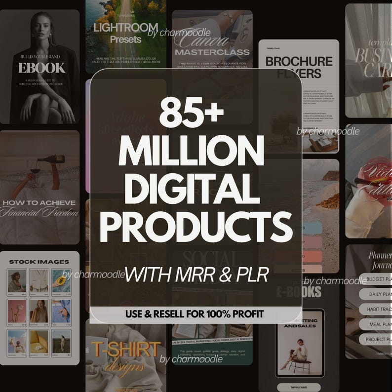 Puede incluir: Imagen promocional que muestra una variedad de productos digitales, incluyendo ebooks y plantillas. El texto central dice "85+ MILLION DIGITAL PRODUCTS WITH MRR & PLR." Texto adicional indica "USE & RESELL FOR 100% PROFIT."