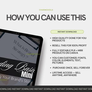 May include: A digital tablet displays a branding guide with the text "Branding Basics Mini" and "Creating Your Brand's Story." The image includes text about instant downloads, high-quality products, and customization options.