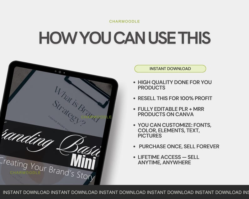 May include: A digital tablet displays a branding guide with the text "Branding Basics Mini" and "Creating Your Brand's Story." The image includes text about instant downloads, high-quality products, and customization options.