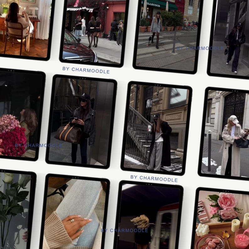 May include: A collection of images displayed on tablets, showcasing various fashion and lifestyle scenes. The images feature people in stylish outfits, cityscapes, and floral arrangements. The text "BY CHARMOODLE" is visible on some images.