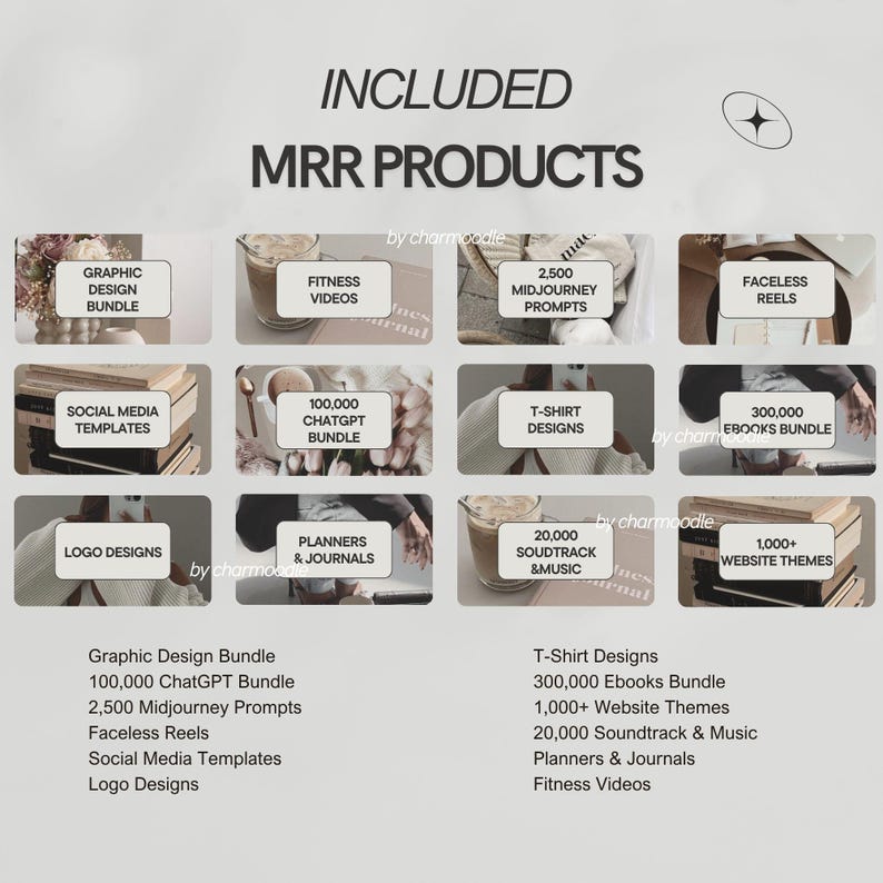 Puede incluir: Imagen promocional que muestra una gama de productos digitales, incluyendo paquetes de dise&ntilde;o gr&aacute;fico, v&iacute;deos de fitness y plantillas de redes sociales. La imagen incluye superposiciones de texto con nombres de productos y una lista de art&iacute;culos incluidos. El dise&ntilde;o es limpio y moderno.
