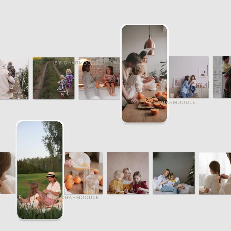 K&ouml;nnte beinhalten: Eine Sammlung von Lifestyle-Bildern mit Familien und Kindern. Die Szenen umfassen Outdoor-Aktivit&auml;ten, Kochen und Momente der Verbundenheit. Die Bilder haben eine warme, nat&uuml;rliche &Auml;sthetik mit weichem Licht und einem Fokus auf das Alltagsleben.