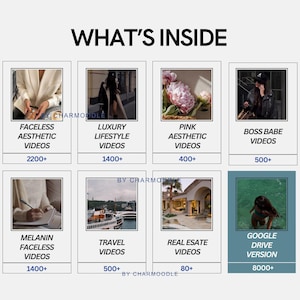 May include: An image with the text "WHAT'S INSIDE" and several image thumbnails. The thumbnails include "FACELESS AESTHETIC VIDEOS", "LUXURY LIFESTYLE VIDEOS", "PINK AESTHETIC VIDEOS", "BOSS BABE VIDEOS", "MELANIN FACELESS VIDEOS", "TRAVEL VIDEOS", "REAL ESTATE VIDEOS", and "GOOGLE DRIVE VERSION".