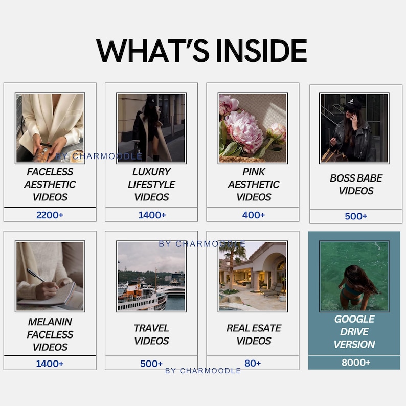 May include: An image with the text "WHAT'S INSIDE" and several image thumbnails. The thumbnails include "FACELESS AESTHETIC VIDEOS", "LUXURY LIFESTYLE VIDEOS", "PINK AESTHETIC VIDEOS", "BOSS BABE VIDEOS", "MELANIN FACELESS VIDEOS", "TRAVEL VIDEOS", "REAL ESTATE VIDEOS", and "GOOGLE DRIVE VERSION".