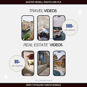 May include: A graphic promoting video bundles, featuring phone-shaped frames with travel and real estate scenes. Text includes "Travel Videos," "Real Estate Videos," and "500+ HD Videos." The bottom reads "6000+ Faceless Videos Bundle."