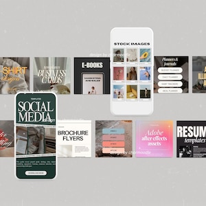 Puede incluir: Una colecci&oacute;n de plantillas de dise&ntilde;o digital e im&aacute;genes de archivo, que incluyen libros electr&oacute;nicos, plantillas de redes sociales, tarjetas de visita y folletos. La imagen tambi&eacute;n presenta un tel&eacute;fono que muestra im&aacute;genes de archivo y planificadores.