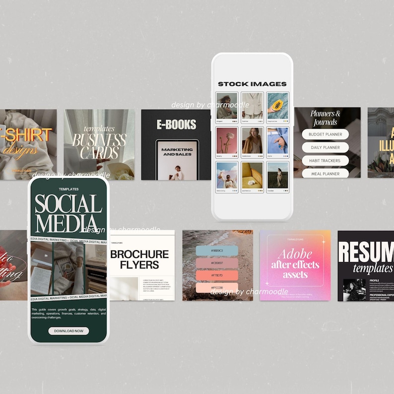 Puede incluir: Una colecci&oacute;n de plantillas de dise&ntilde;o digital e im&aacute;genes de archivo, que incluyen libros electr&oacute;nicos, plantillas de redes sociales, tarjetas de visita y folletos. La imagen tambi&eacute;n presenta un tel&eacute;fono que muestra im&aacute;genes de archivo y planificadores.