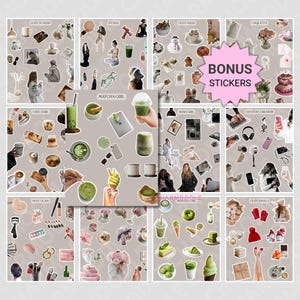 May include: A collection of sticker sheets with various themes, including "Cozy Sunday," "Fit Era," and "Matcha Girl." Each sheet features multiple stickers with illustrations and text. A pink starburst reads "BONUS STICKERS."