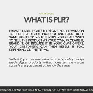 May include: A digital graphic with the text "WHAT IS PLR?" in a bold, dark font. The text explains Private Label Rights, allowing users to resell digital products. The bottom of the graphic reads "INSTANT DOWNLOAD" repeatedly.