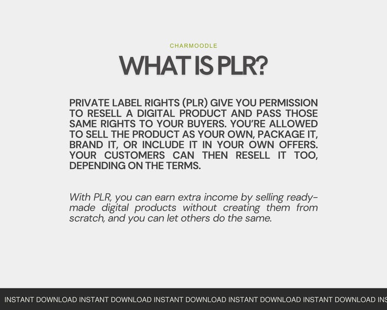 May include: A digital graphic with the text "WHAT IS PLR?" in a bold, dark font. The text explains Private Label Rights, allowing users to resell digital products. The bottom of the graphic reads "INSTANT DOWNLOAD" repeatedly.