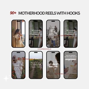 K&ouml;nnte beinhalten: Ein Bild mit acht Smartphone-Bildschirmen mit Text&uuml;berlagerungen. Der Text enth&auml;lt "90+ MOTHERHOOD REELS WITH HOOKS", "Introverted Mamas", "BUILD WEALTH" und "Faceless Roots IDEAS FOR BUSY MOMS". Die Bildschirme zeigen Bilder von Frauen.